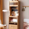manna-oak-tall-sideboard-coffee-bar-pegboard-hutch-front-view Front view of a tall narrow oak sideboard with a fluted glass hutch, black pegboard backsplash, pull-out coffee shelf and two lower drawers.