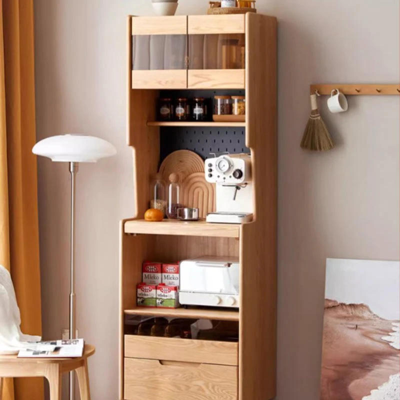 manna-oak-tall-sideboard-coffee-bar-pegboard-hutch-front-view Front view of a tall narrow oak sideboard with a fluted glass hutch, black pegboard backsplash, pull-out coffee shelf and two lower drawers.