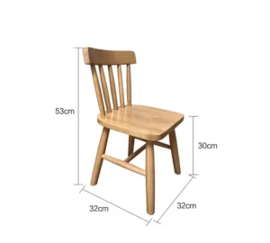 Dimension overlay of natural oak Windsor dining chair with spindle back and solid wooden seat, 53cm tall.