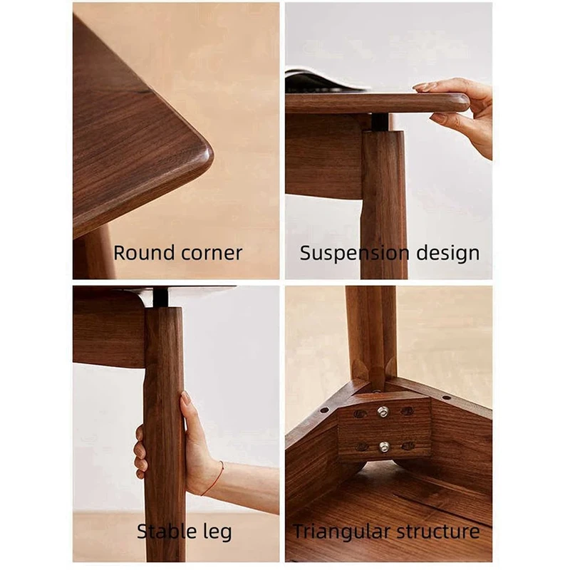 Detail view of a walnut dining table showing round corners, suspension leg design and triangular underframe joinery.
