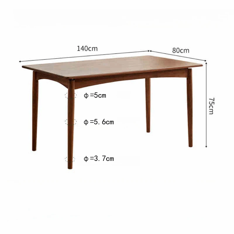 Table dimensions diagram of a walnut dining table measuring 140cm long, 80cm wide and 75cm high.