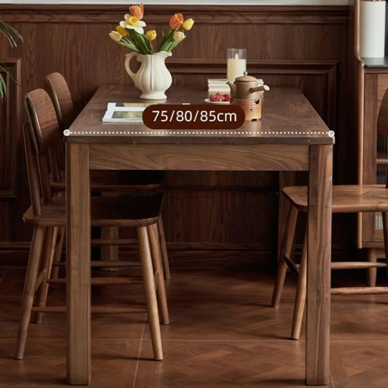 Table dimensions image of a walnut dining table showing 75, 80 and 85 centimeter width options with flowers on top.