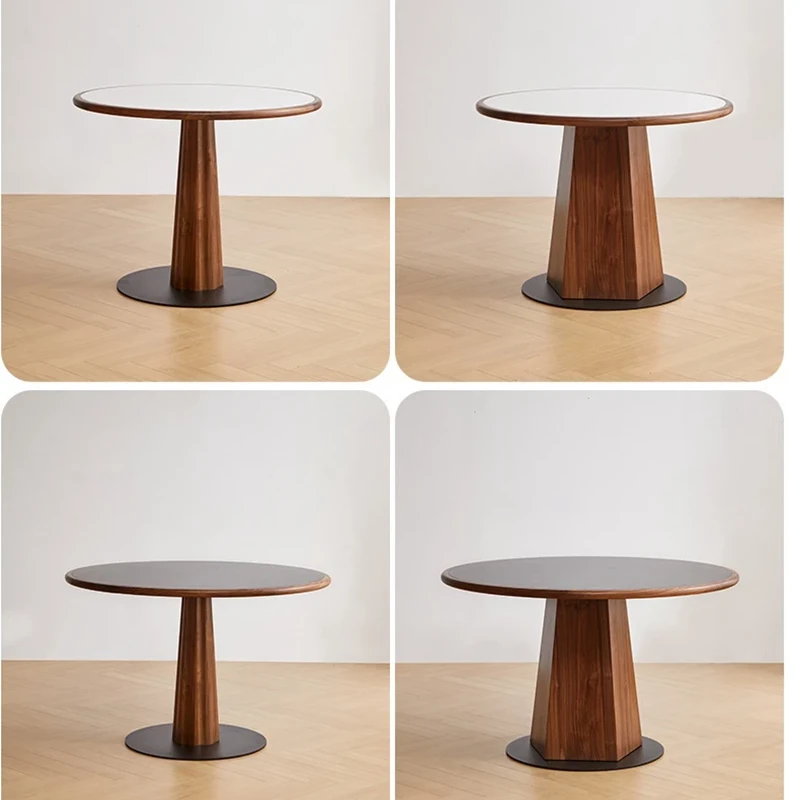 manna-walnut-round-dining-table-120cm-lifestyle Lifestyle scene of a round walnut dining table with a tapered base shown in four angles on light oak flooring.