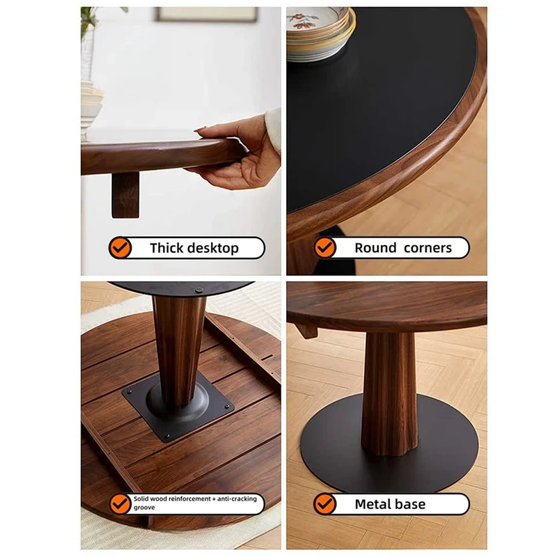 manna-walnut-round-dining-table-120cm-material-detail Material detail of a black top round walnut dining table showing thick desktop, round corners and metal base plate.