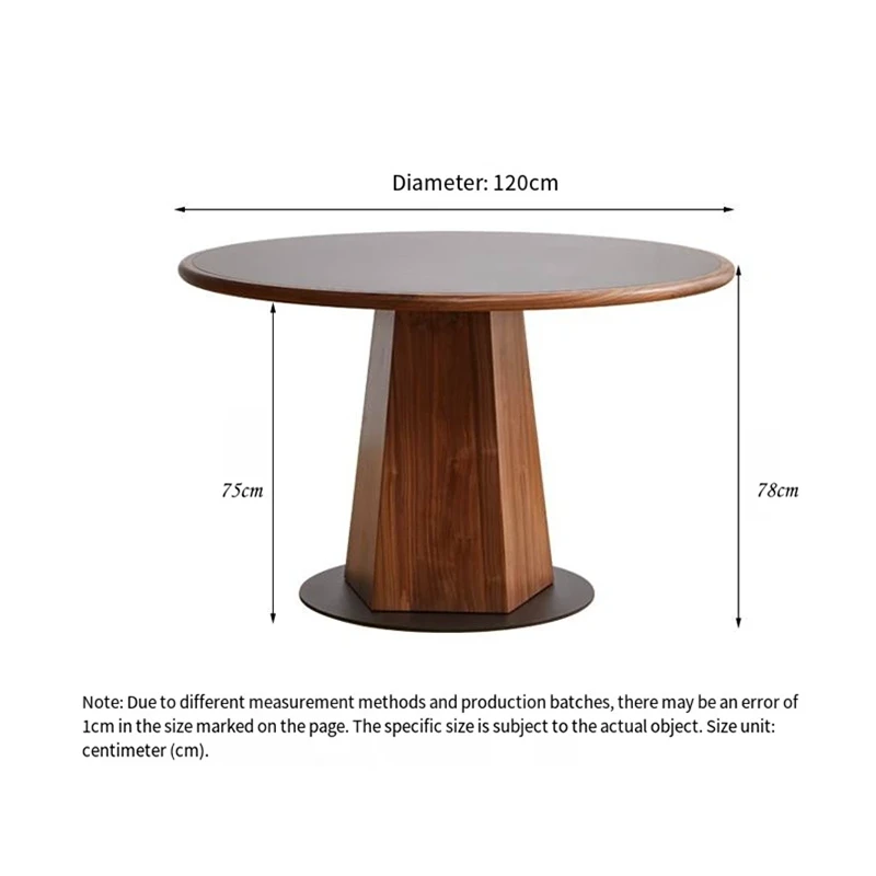 manna-walnut-round-dining-table-120cm-size-guide Size guide for a round walnut pedestal dining table with a 120cm diameter top, 75cm base height and 78cm total height.