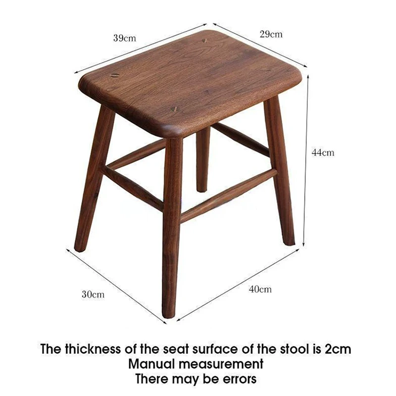 manna-walnut-square-stool-dimensions-annotated Walnut square stool photographed with dimension callouts showing a 39cm by 30cm seat and 2cm thick top.
