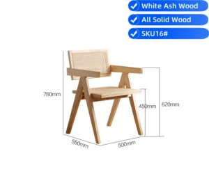 manna-white-ash-armchair-cane-seat-size-guide Side view size guide of a white ash wood armchair with a woven cane backrest and cane seat, 760mm high.