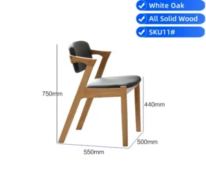 manna-white-oak-dining-armchair-black-leather-size-guide Side view size guide of a white oak dining armchair with black upholstered seat and backrest and angular wooden arms.