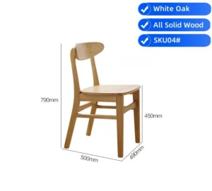 manna-white-oak-dining-chair-dimensions-spec Dimension spec view of a solid white oak dining chair with a wooden seat and curved back panel labelled SKU04#.