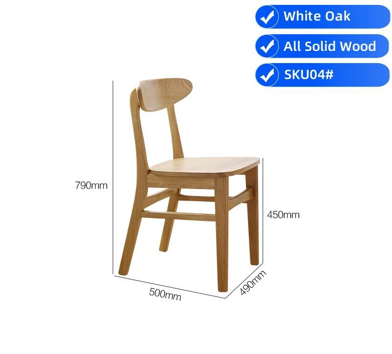 Dimension spec view of a solid white oak dining chair with a wooden seat and curved back panel labelled SKU04#.