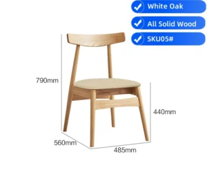 manna-white-oak-dining-chair-upholstered-seat-size-guide Side view size guide of a white oak dining chair with a curved backrest and beige upholstered seat pad, 790mm high.