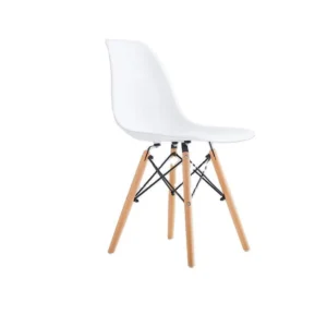 manna-white-plastic-chair-oak-legs-front-view Front view of white molded plastic dining chair with natural oak legs and black wire cross bracing on white.