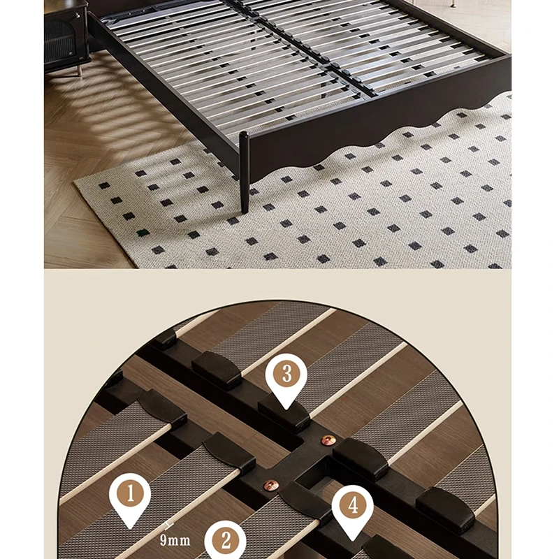 Black bed frame slatted base structure detail showing solid wood support layout