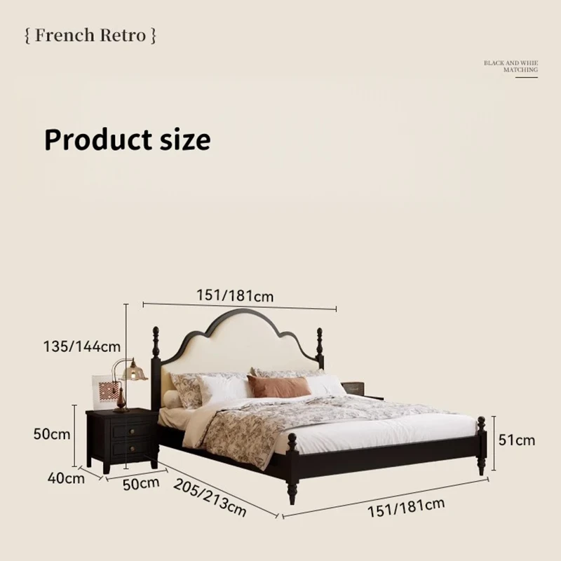 Black French retro bed frame dimensions measurement chart with sizes