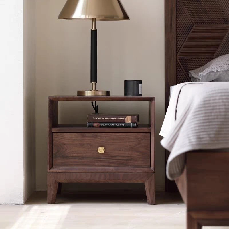 Black walnut one drawer nightstand with open shelf front view