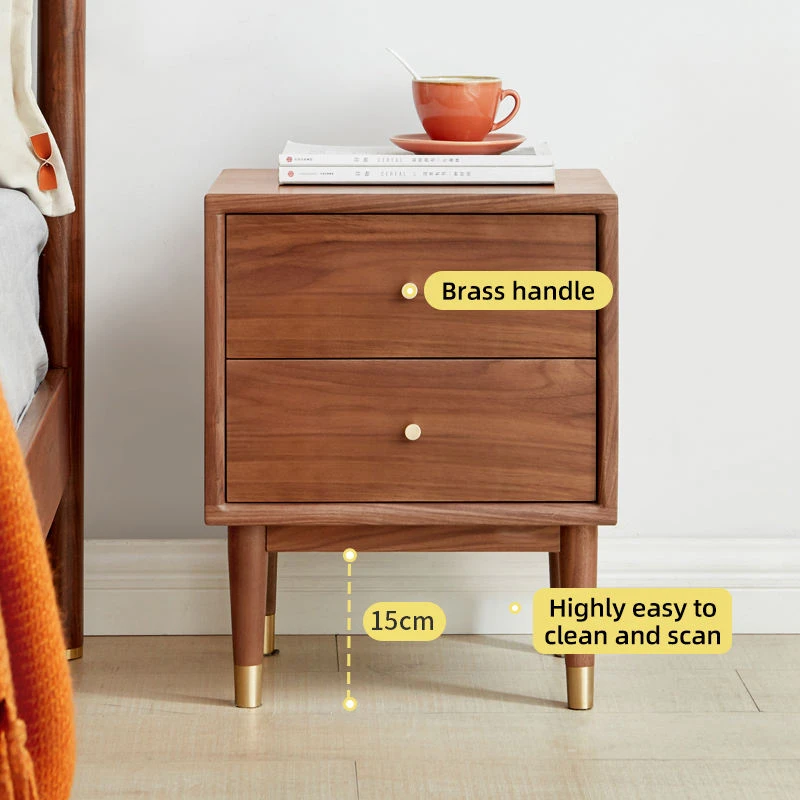 Black walnut nightstand brass handle and solid wood leg detail