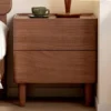 black-walnut-nightstand-drawer-wooden-slide-rail Black walnut two drawer nightstand front view beside bed with lamp and mug