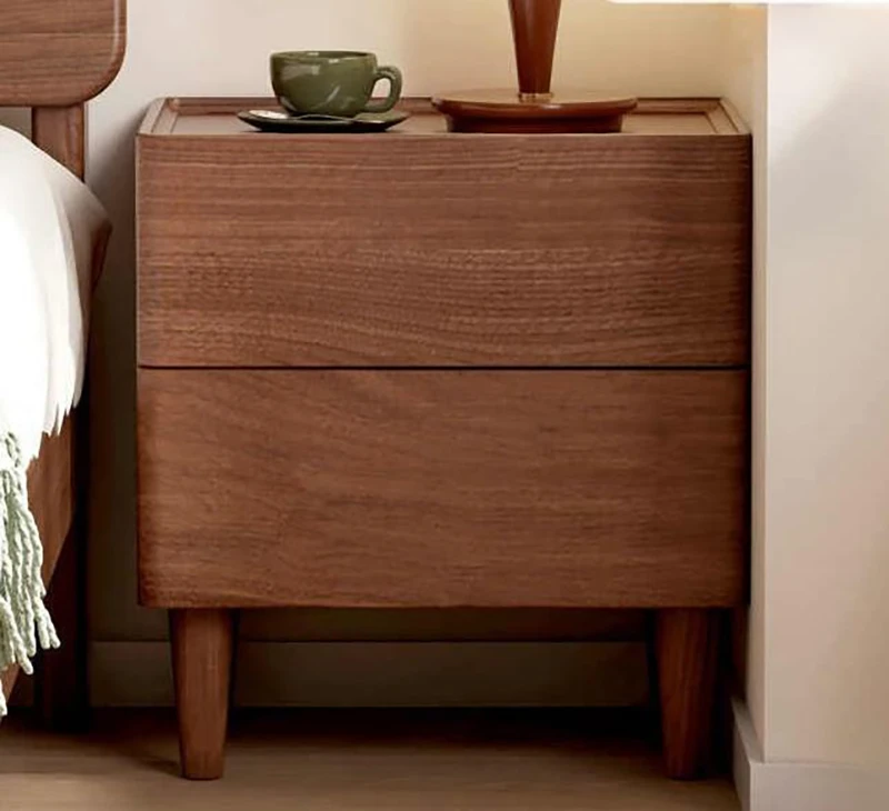 black-walnut-nightstand-drawer-wooden-slide-rail Black walnut two drawer nightstand front view beside bed with lamp and mug