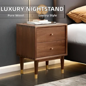 Black walnut nightstand in a luxury bedroom scene with warm styling