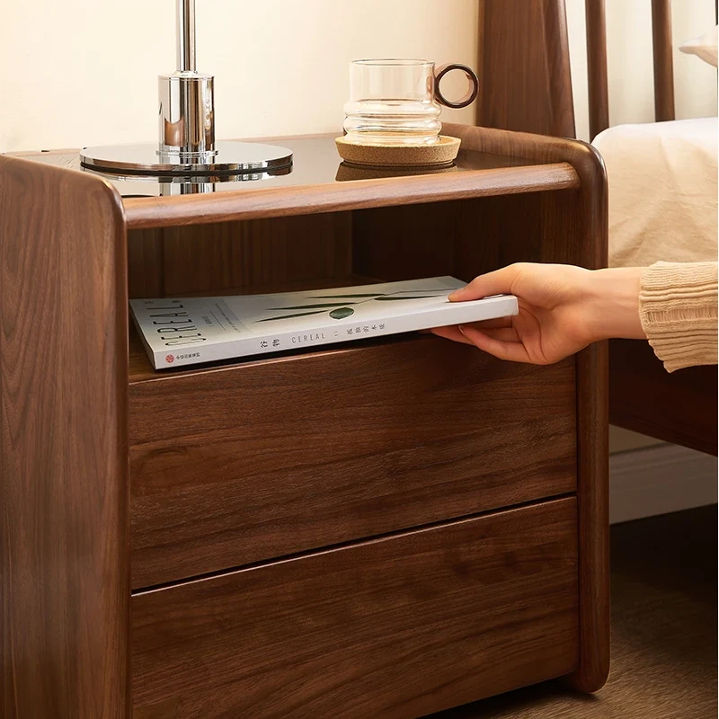 Black walnut nightstand open shelf with magazine storage front view