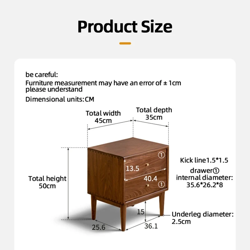Black walnut nightstand product size dimensions chart drawing