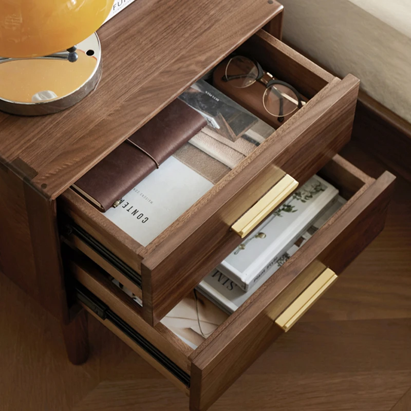 Black walnut two drawer nightstand brass handles with drawers open