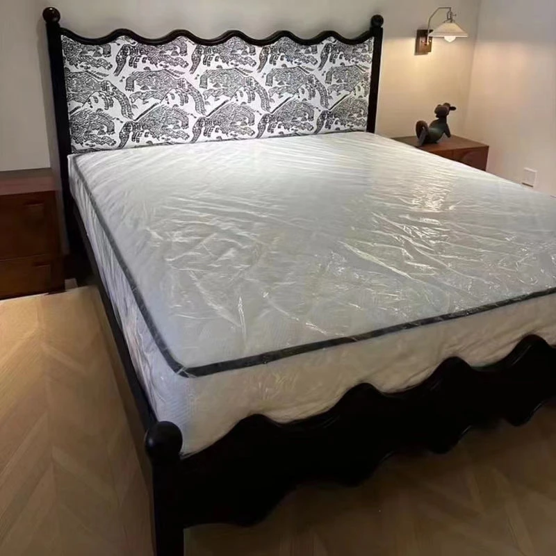 Black Wood Bed with Printed Wavy Headboard and Wave Footboard