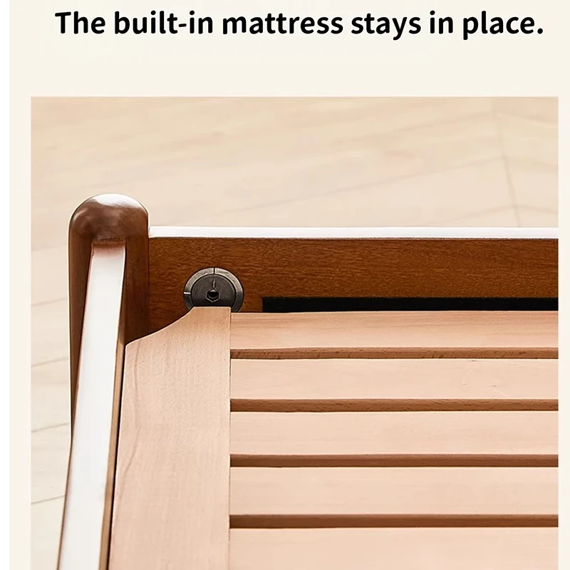 Cherry bed frame corner closeup showing the mattress stopper