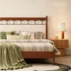 Cherry Platform Bed with Upholstered Carved Headboard