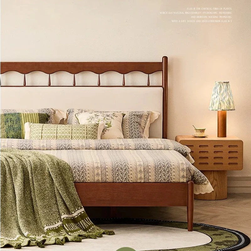 Cherry Platform Bed with Upholstered Carved Headboard