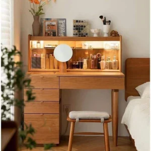 cherry-dressing-table-drawers-and-adjustable-mirror Cherry dressing table with drawers and adjustable round mirror in bedroom