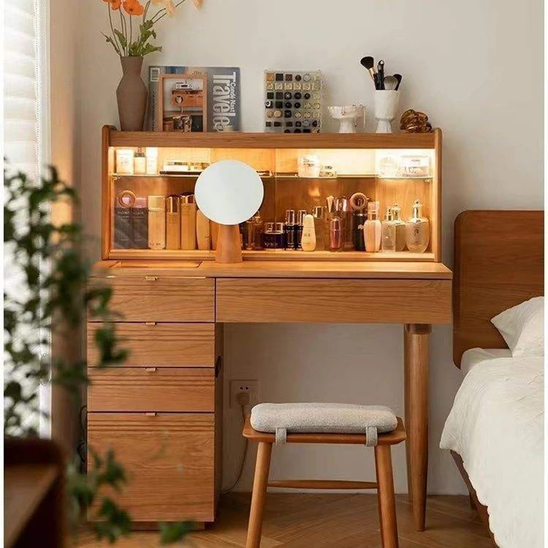 cherry-dressing-table-drawers-and-adjustable-mirror Cherry dressing table with drawers and adjustable round mirror in bedroom