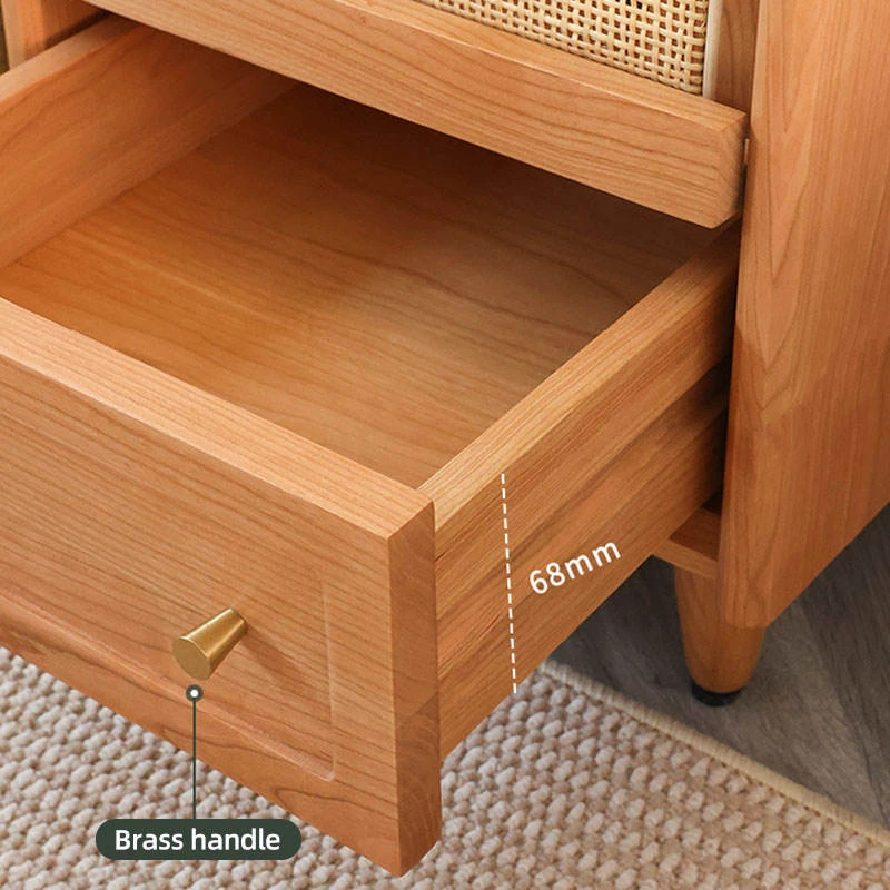 cherry-nightstand-drawer-brass-handle-detail Cherry nightstand drawer with brass handle and wood grain detail