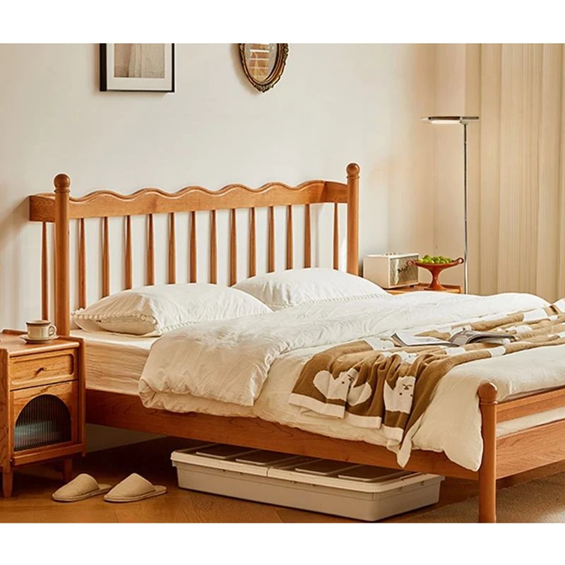 Cherry wood bed frame headboard and underbed storage structure view