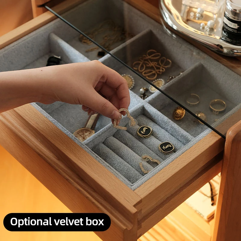 Cherry wood nightstand glass top with an optional velvet jewelry box detail
