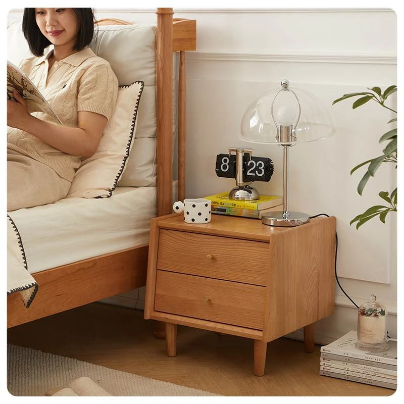 cherry-wood-nightstand-solid-slide-rail-brass-handle-detail Cherry wood nightstand solid slide rail and brass handle close-up detail