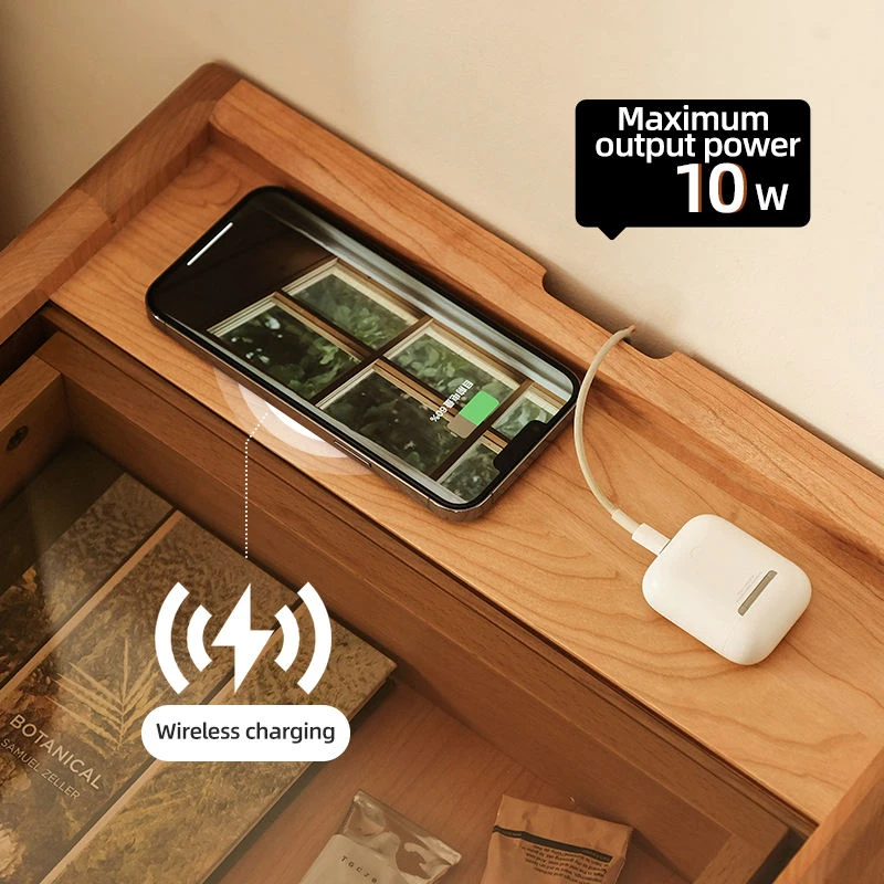 Cherry wood nightstand top view showing the wireless charging pad