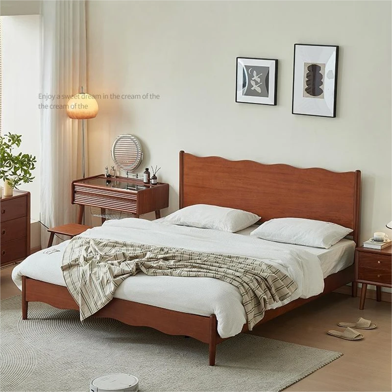 cherry-wood-platform-bed-vanity-desk-bedroom-scene Cherry wood platform bed with matching vanity desk in a warm bedroom scene