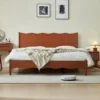 cherry-wood-platform-bed-wavy-headboard-front-view Cherry wood platform bed with wavy headboard front view in soft styling