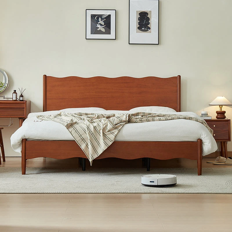 cherry-wood-platform-bed-wavy-headboard-front-view Cherry wood platform bed with wavy headboard front view in soft styling