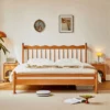 Cherry wood spindle bed frame front view with slatted headboard
