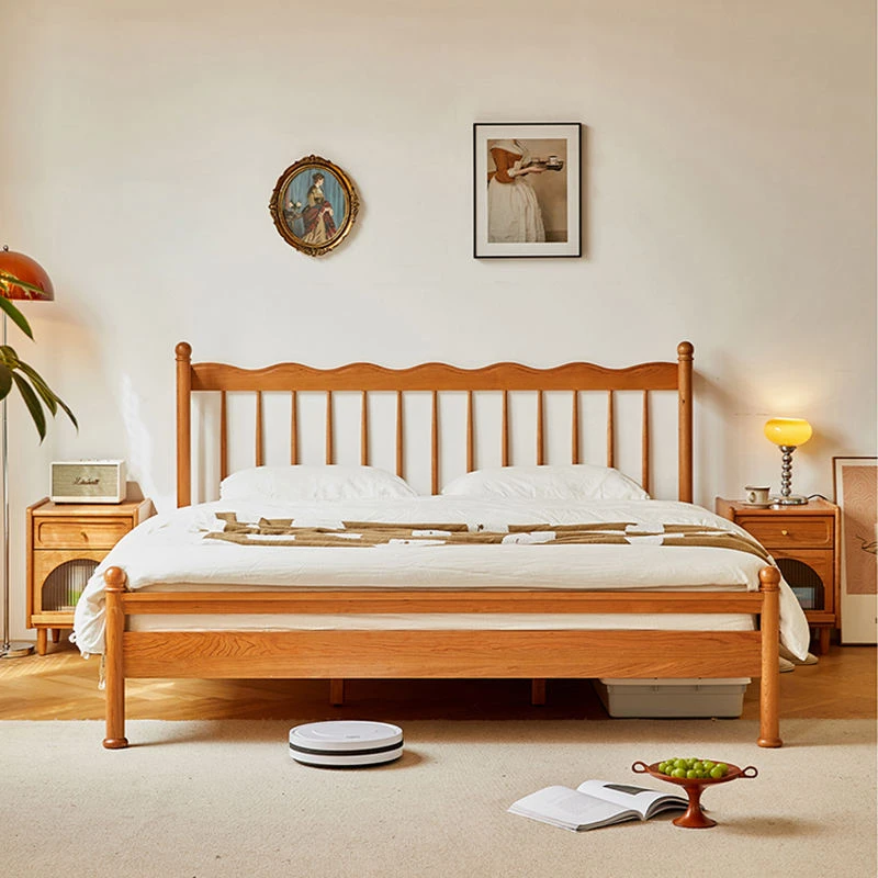 Cherry wood spindle bed frame front view with slatted headboard