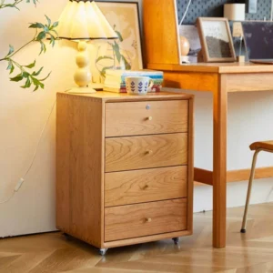 Cherry wood 4 drawer storage cabinet with casters in home office scene