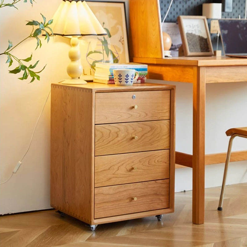 Cherry wood 4 drawer storage cabinet with casters in home office scene