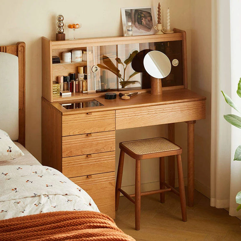 cherry-wood-vanity-table-storage-features Cherry wood vanity table storage features with four spacious drawers