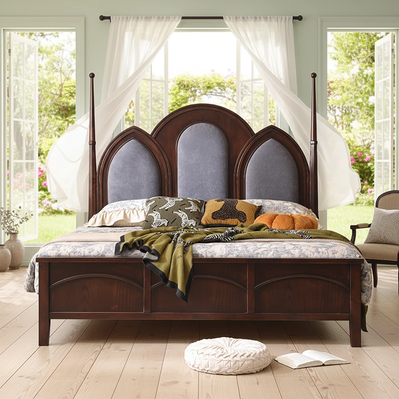 Dark Cherry Poster Bed Frame with Arched Upholstered Headboard