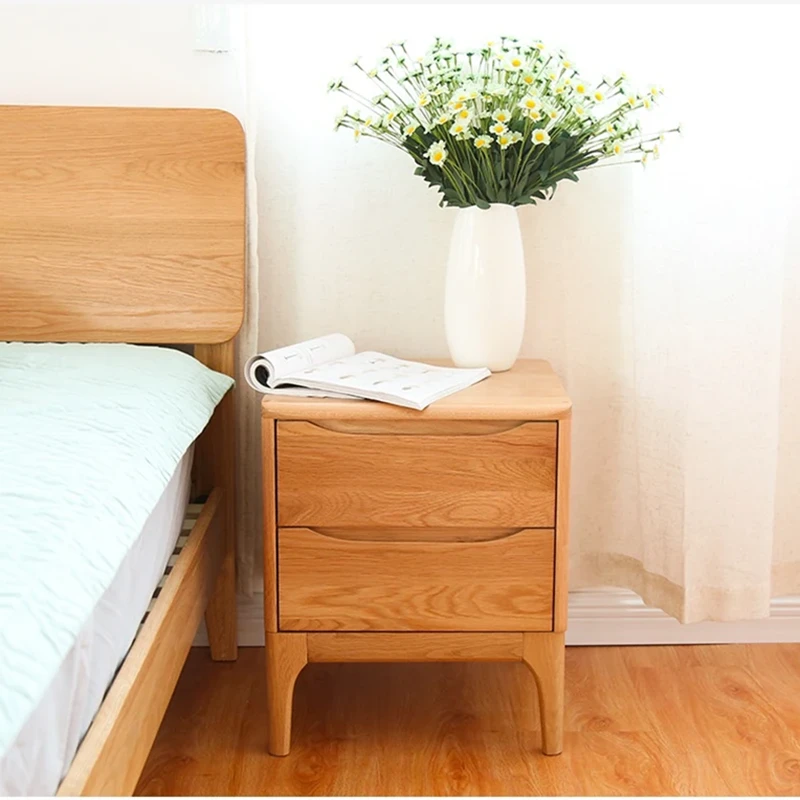 Dark walnut color oak nightstand side view with two drawers