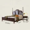 Dark wood poster bed dimensions diagram shown with a matching nightstand