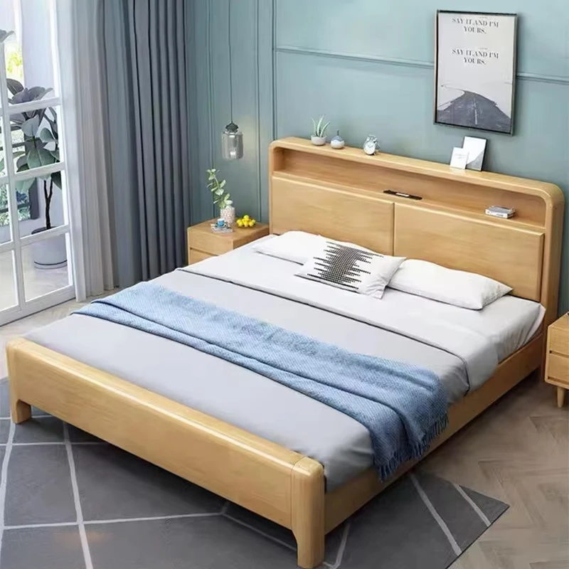 Beech bed headboard with storage shelf and USB charging port detail
