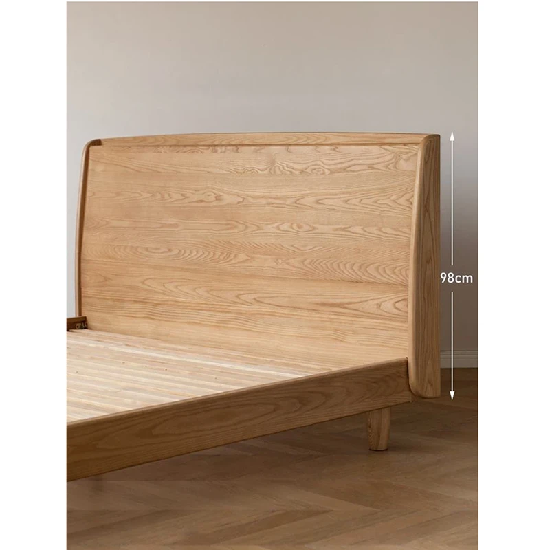 Natural ash platform bed front view in a bright bedroom scene